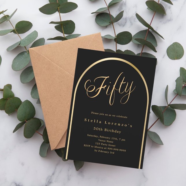 Invitación 50.º guión elegante del arco de oro negro (Subido por el creador)