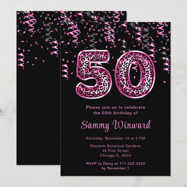Invitación 50.º leopardo de cumpleaños imprime globos con con (Anverso / Reverso)