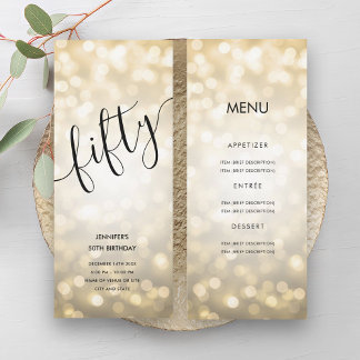 Invitación 50.º menú de cumpleaños Luces Purpurinas de oro