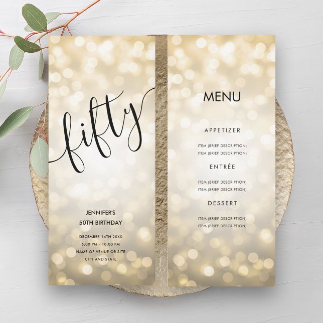 Invitación 50.º menú de cumpleaños Luces Purpurinas de oro (50th Birthday Menu Gold Glitter Lights Invitation)