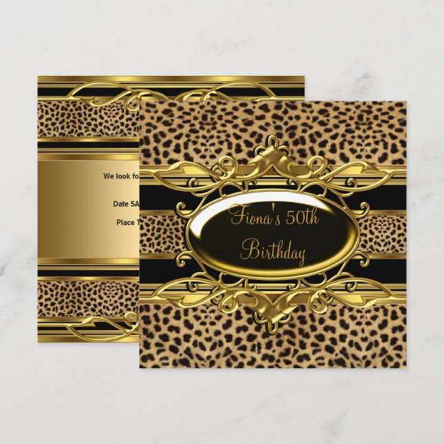 Invitación 50.º Nacimiento Elegante Oro Leopardo Negro (Anverso / Reverso)