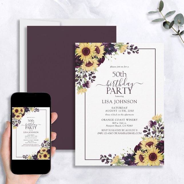 Invitación 50.º Nacimiento Plum Morado Sunflower acuarela (Subido por el creador)