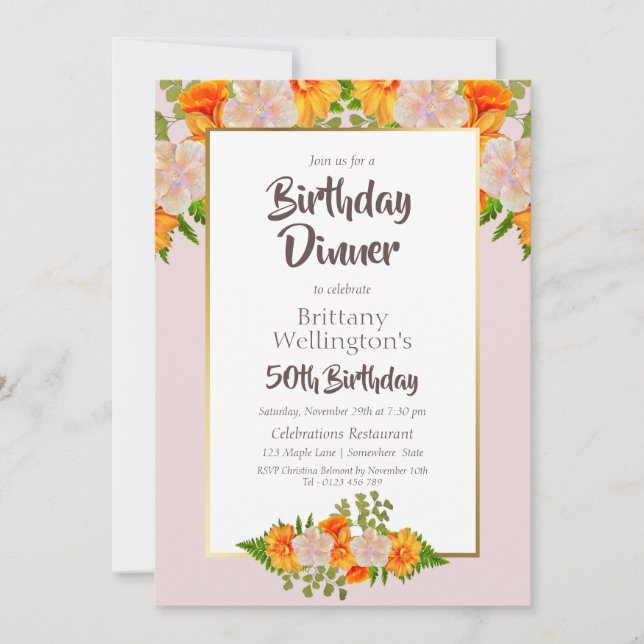 Invitación 50.º Naranja de cumpleaños  dorado Fiesta floral (Anverso)