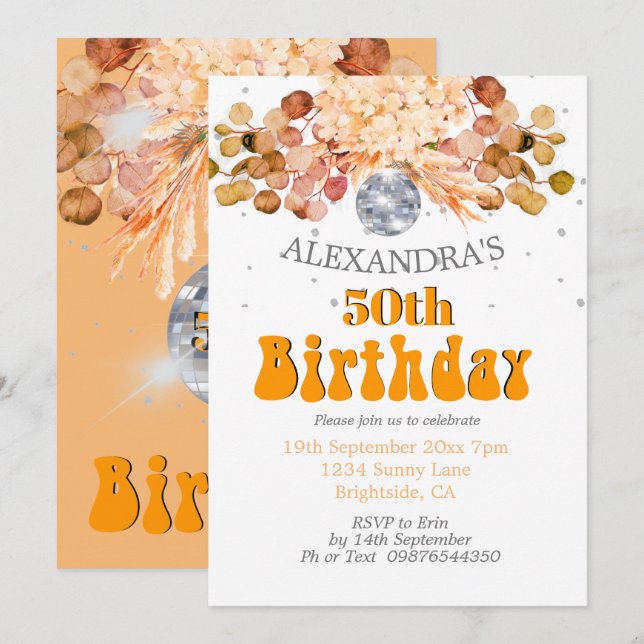 Invitación 50.º Naranja Floral de cumpleaños Disco Ball (Anverso / Reverso)