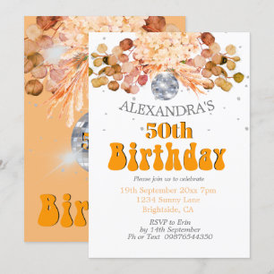 Invitación 50.º Naranja Floral de cumpleaños Disco Ball