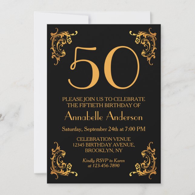 Invitación 50.º natalicio elegante oro negro retro (Anverso)
