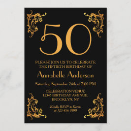 Invitación 50.º natalicio elegante oro negro retro