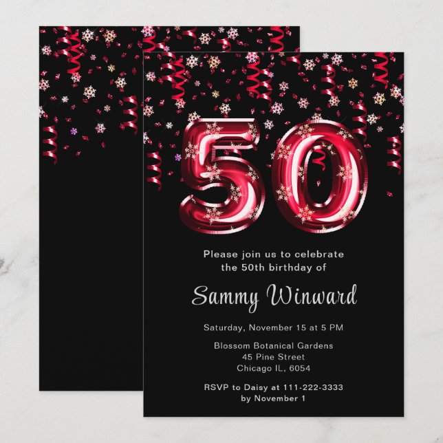 Invitación 50.º natalicio Globos Rojos Snowflake Confetti (Anverso / Reverso)