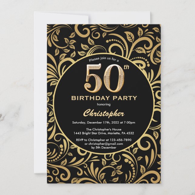 Invitación 50.º natalicio Patrón floral de oro y negro (Anverso)