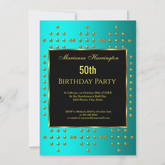 Invitación 50.º oro verde azulado Aniversario de la invitació (Anverso)