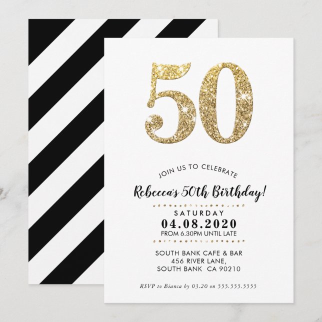 Invitación 50.º PARTIDO DE CUMPLEAÑOS INVITA A purpurina de o (Anverso / Reverso)