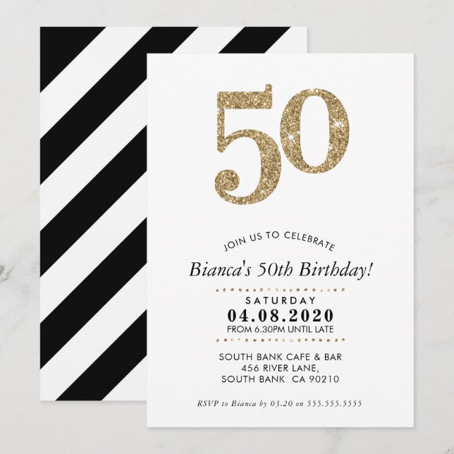 Invitación 50.º PARTIDO DE CUMPLEAÑOS INVITA A purpurina de o (Anverso / Reverso)