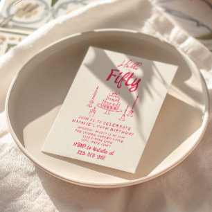 Invitación 50.º Pastel De Mano Rosa Hola Cincuenta Cumpleaños