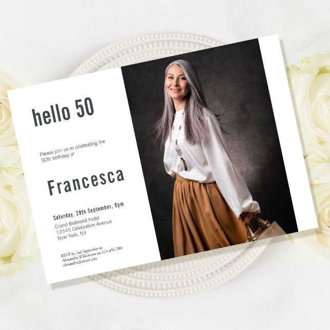 Invitación 50.º Personalizado de cumpleaños Foto Hola 50 Fies (Hello 50 Birthday Party Invitation)