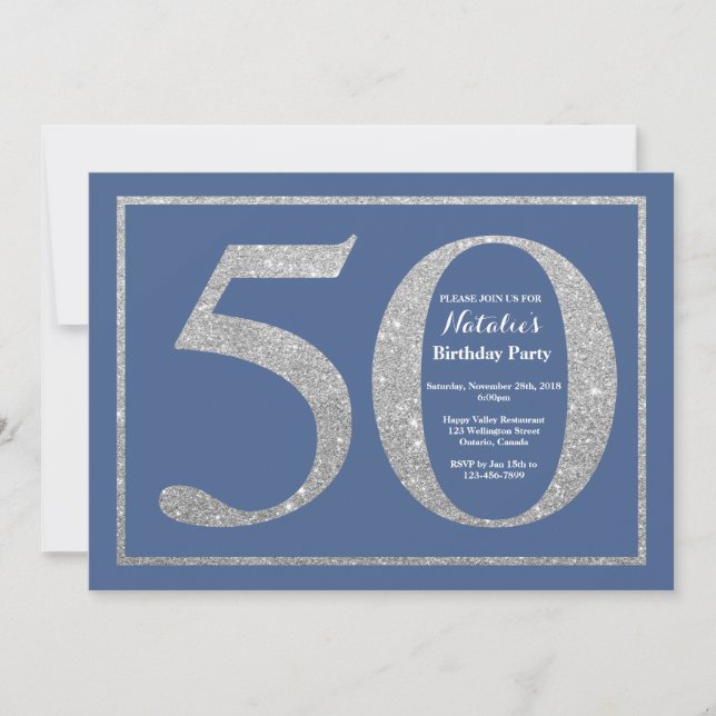 Invitación 50.º Purpurina de cumpleaños azul y plata (Anverso)