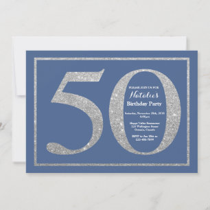 Invitación 50.º Purpurina de cumpleaños azul y plata