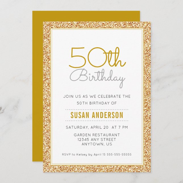Invitación 50.º Purpurina de Faux Gold de cumpleaños (Anverso / Reverso)