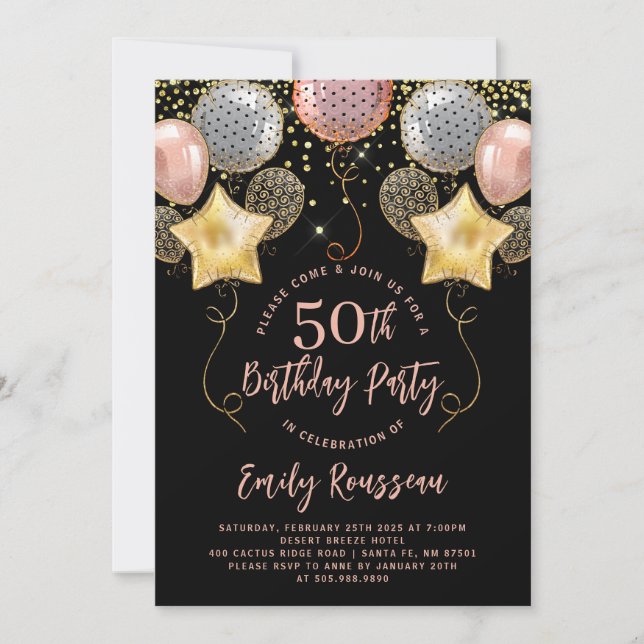 Invitación 50.º Purpurina de los globos de cumpleaños Black (Anverso)
