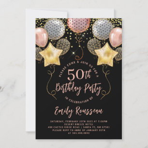 Invitación 50.º Purpurina de los globos de cumpleaños Black