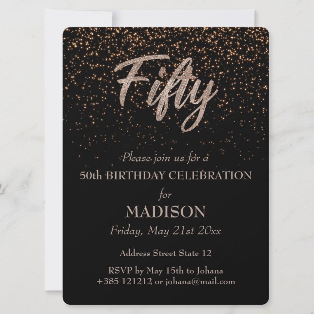 Invitación 50.º Purpurina de oro de cumpleaños (Anverso)