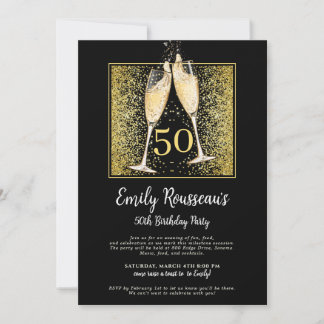 Invitación 50.º Purpurina de oro de cumpleaños Champagne Blac