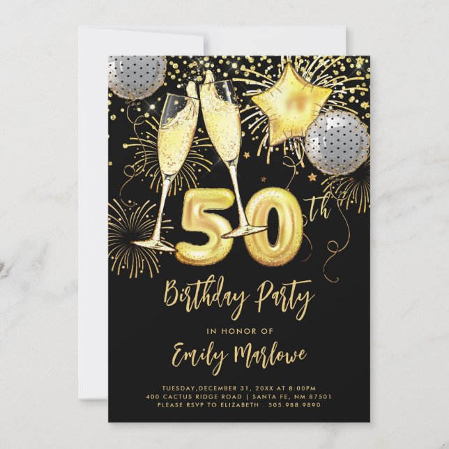 Invitación 50.º Purpurina de oro de cumpleaños Confetti Champ (Anverso)
