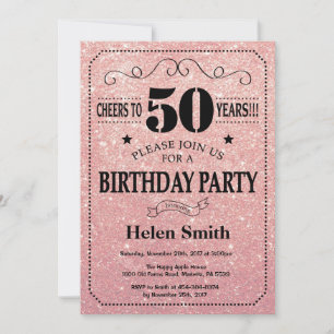 Invitación 50.º Purpurina de oro negro y rosa de cumpleaños