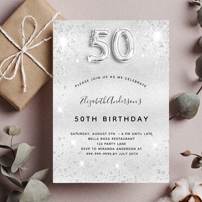 Invitación 50.º purpurina de plata de cumpleaños glamoroso (Subido por el creador)