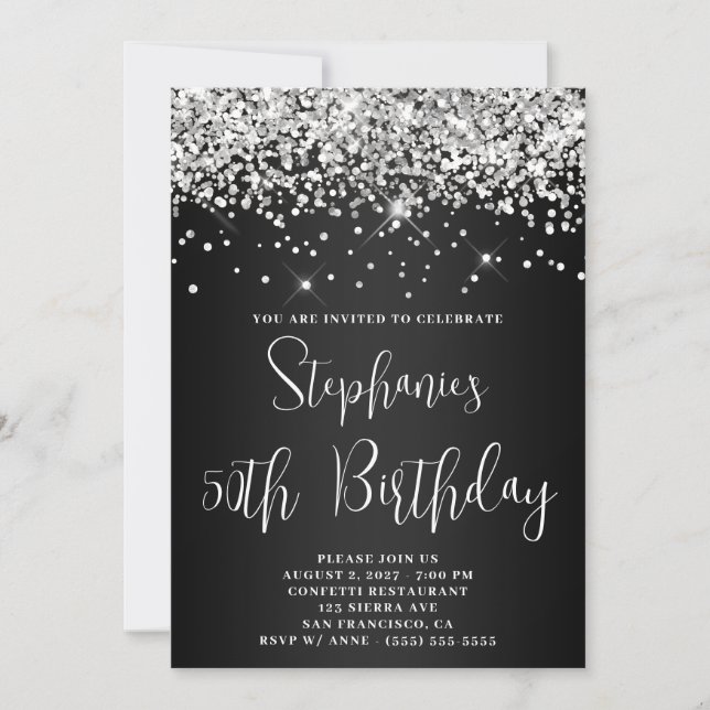 Invitación 50.º Purpurina de plata de cumpleaños Ombre gris o (Anverso)