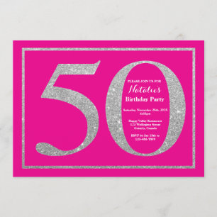 Invitación 50.º Purpurina de Plata y Rosa Caliente