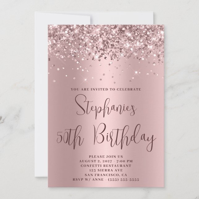 Invitación 50.º Purpurinoso de cumpleaños Rosa Oro (Anverso)