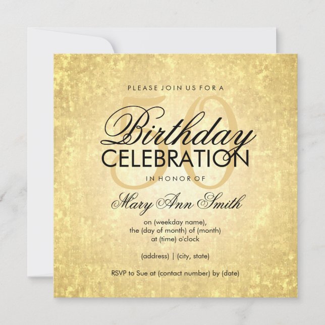 Invitación 50.º Relieve metalizado dorado de la fiesta de cum (Anverso)