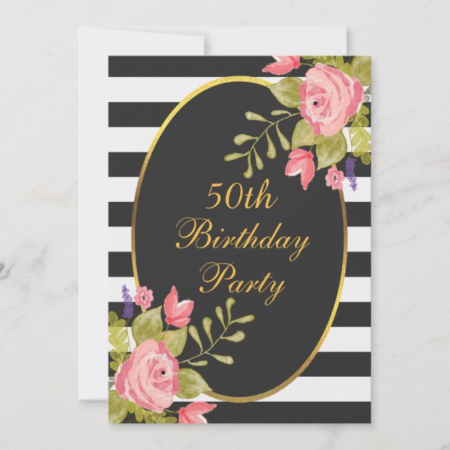 Invitación 50.º Relieve metalizado dorado Floral Black White  (Anverso)