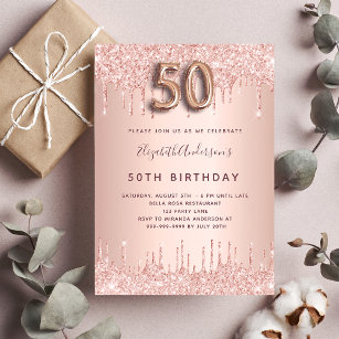 Invitación 50.º rosa de cumpleaños goteo de rubor de oro