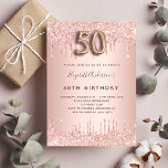 Invitación 50.º rosa de cumpleaños goteo de rubor de oro<br><div class="desc">Una invitación moderna, elegante y glamurosa para una fiesta de cumpleaños número 50. Un rosa falso de fondo dorado con goteo, pinta con goteo. El nombre está escrito con un guión moderno de estilo con letras de color rosa oscuro y dorado. Personalice y agregue los detalles de su fiesta. El...</div>