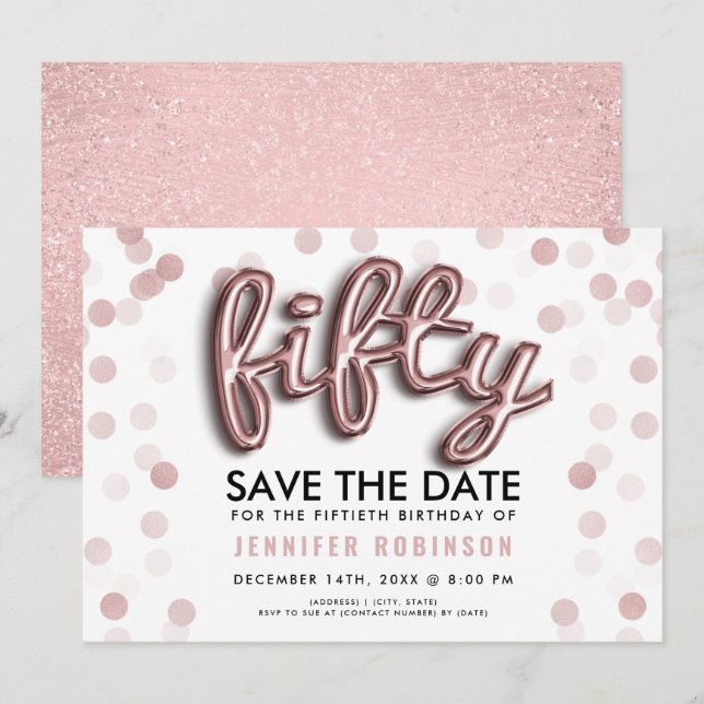 Invitación 50.º Rosa de cumpleaños Purpurina de globos de oro (Anverso / Reverso)