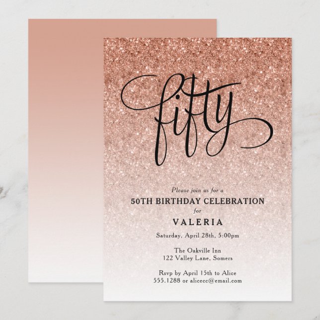 Invitación 50.º Rosa de cumpleaños Purpurina de oro (Anverso / Reverso)