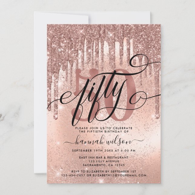Invitación 50.º Rosa de la fiesta de cumpleaños Purpurina de  (Anverso)