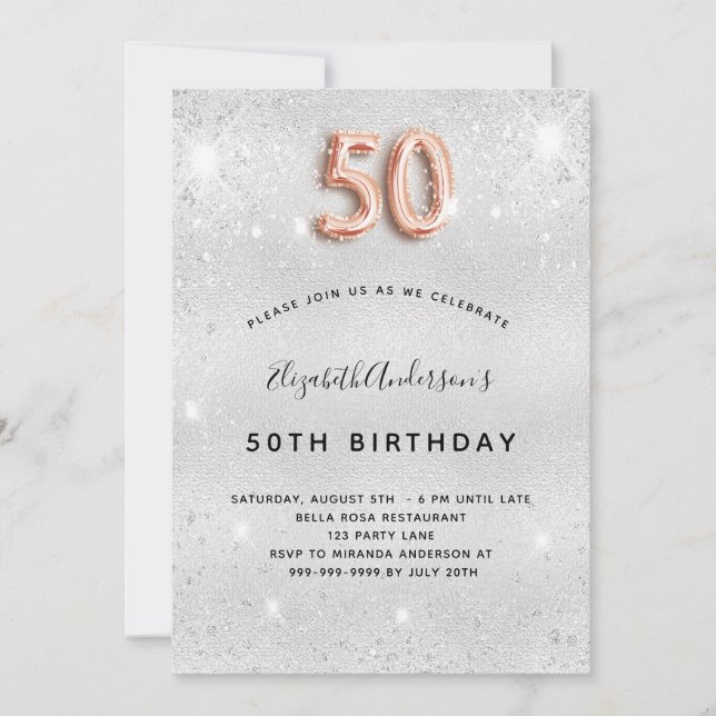Invitación 50.º rosa de plata purpurina de oro (Anverso)