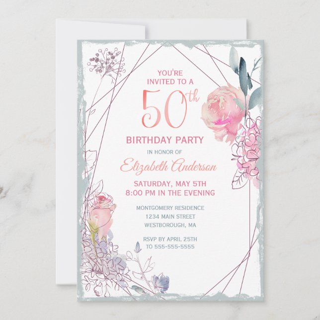 Invitación 50.º Rosa  de Rubor Floral Fiesta de acuarela (Anverso)