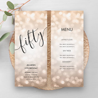 Invitación 50.º Rosa del menú de cumpleaños Luces Purpurinas