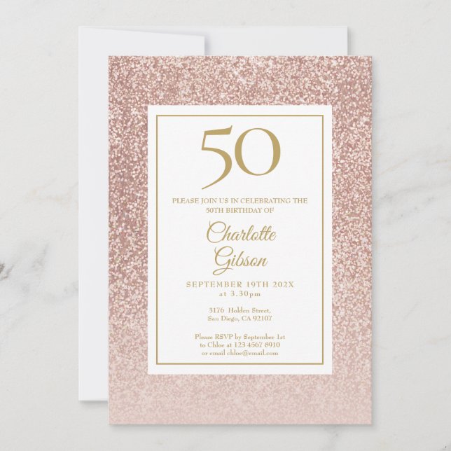 Invitación 50.º Rosa  elegante Purpurina de oro (Anverso)