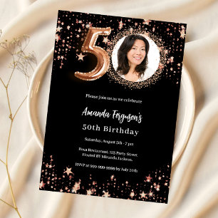 Invitación 50.º rosa negro de oro estrellas de lujo