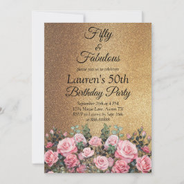 Invitación 50.º Rosa Purpurina Oro 50 y fabuloso cumpleaños