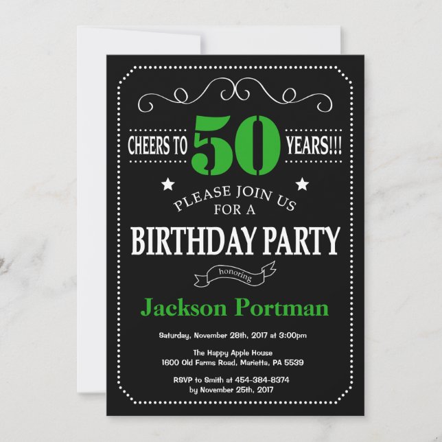 Invitación 50.º tablero negro y verde de cumpleaños (Anverso)