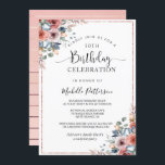 Invitación 50.º (u otro) cumpleaños oro rosado, Rubor Floral<br><div class="desc">Exquisita invitación de cumpleaños número 50 (u otro número) con detalles de oro rosado y magnífica acuarela pintada a mano floral en polvorientos tonos azul, azul, rubor, melocotón y polvorientos rosas. Parte posterior de la carta con estampado moderno de rayas doradas rosadas y cautivante detalle floral en el centro. Uso...</div>