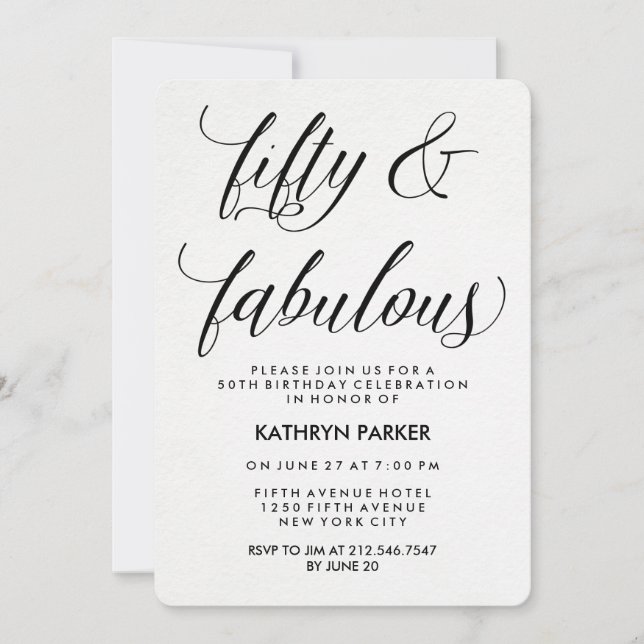 Invitación 50.a fiesta de cumpleaños de la caligrafía blanco (Anverso)