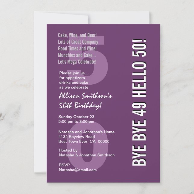 Invitación 50 Adios morados y blancos modernos 49 (Anverso)