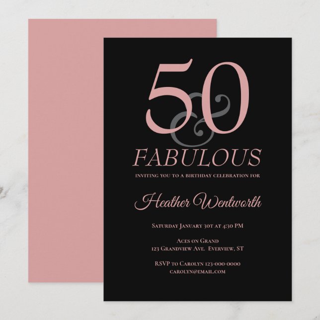 Invitación 50 and Fabulous 50th Birthday Dusty Pink (Anverso / Reverso)