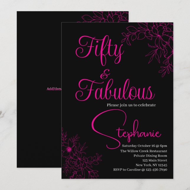 Invitación 50 and Fabulous | 50th Birthday Party Black Pink (Anverso / Reverso)
